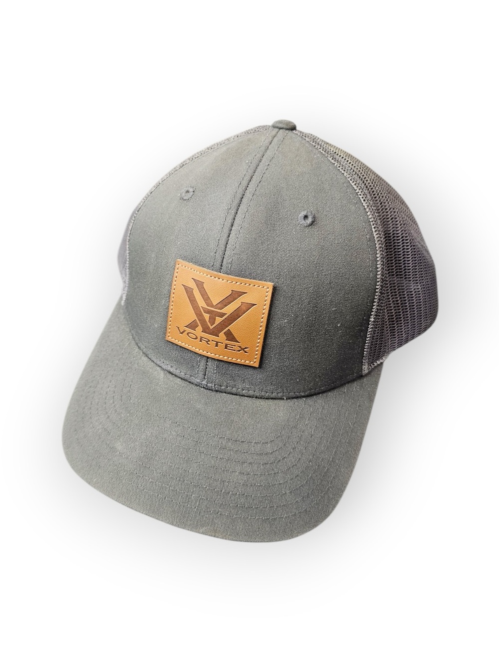 Vortex Optics Heather Gray Trucker Hat Faux Leather Patch Mesh Snapback OSFM